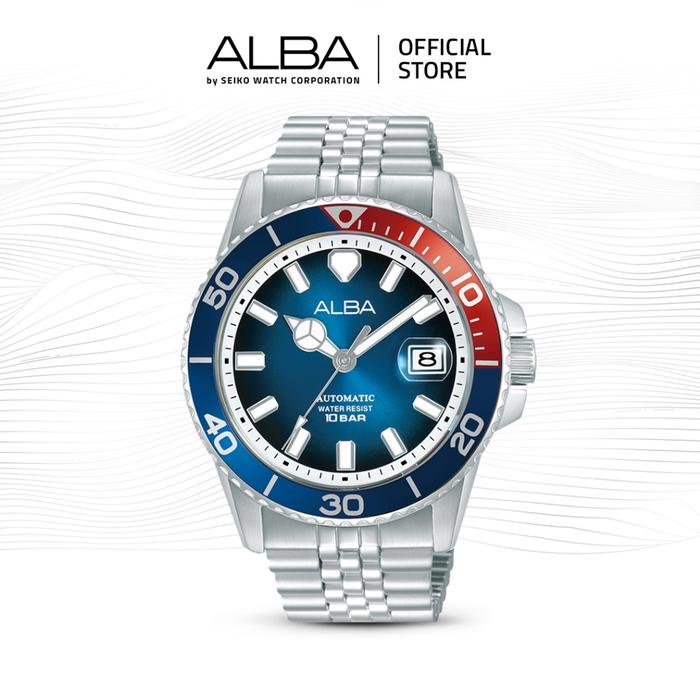 Alba Mechanical Jam Tangan Pria AU4051 / AU4051X1 Automatic Blue Dial Blue Red Bezel Stainless Steel
