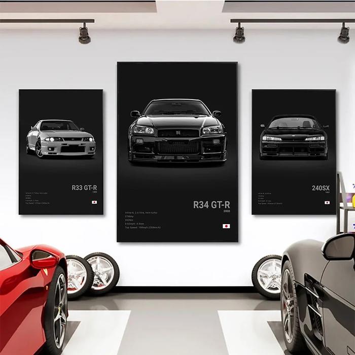Pop Black and White Japan Cars Luxury Super Sport Car Poster Aesthetic R34 Gtr 240sx Canvas Print fo