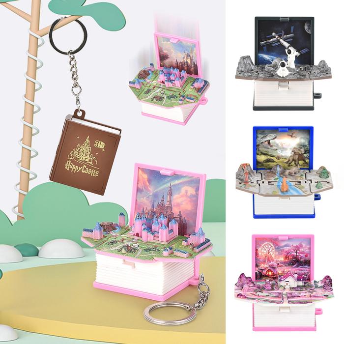 Fold Book Keychain Children Kids Toy 3D  Year Christmas Gift Anxiety Stress Relief Dinosaur Castle C