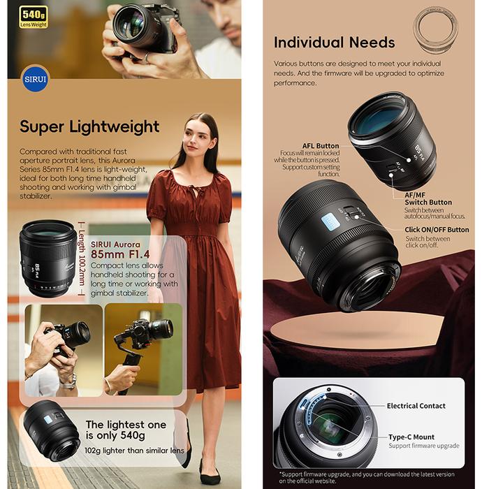 SIRUI 85mm F1.4 Full Frame! Aurora Lens Full Frame Auto Focus Lens For Sony E Nikon Z Fuji X Mount C