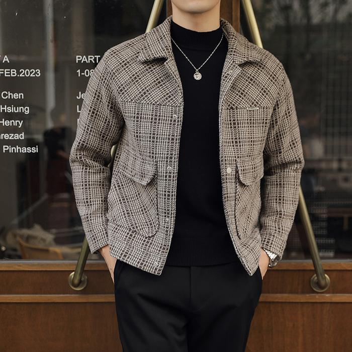 Fashion Men Single-Breasted Windbreaker Slim Short Plaid Woolen J