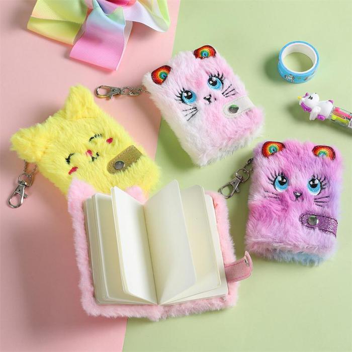 Cute Cat Plush Notebook For Girls Kawaii Pendant Keychain Furry Cats Notebook Daily Planner Journal 