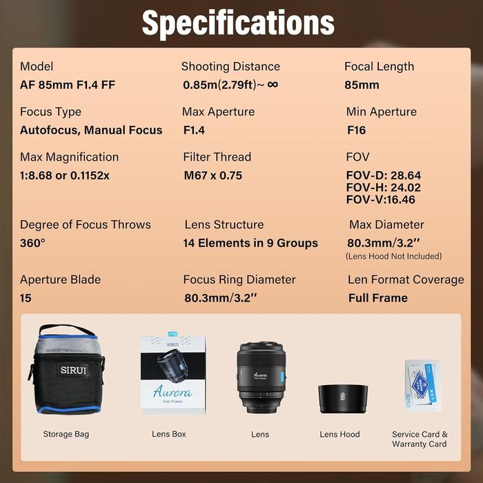 SIRUI 85mm F1.4 Full Frame Auto Focus Lens Aurora Camera Lens for Sony E Nikon Z Fujifilm X Mount pk