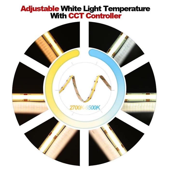 UL Listed COB CCT LED Strip Light 2700K to 6500K Changeable 608 LEDs/m Flexible RA90 Dimmable FOB Le
