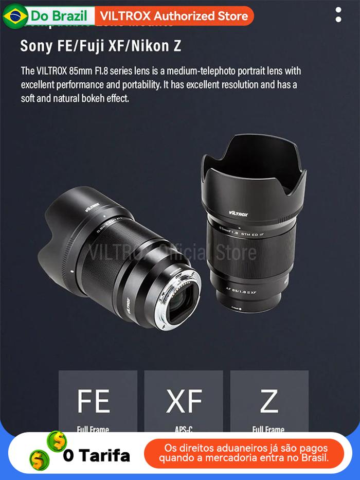 【 Do Brasil 】 Viltrox AF 85mm F1.8 II Full Frame Auto Focus Camera Lens for Sony ZV1 A7IV A7III A7 N