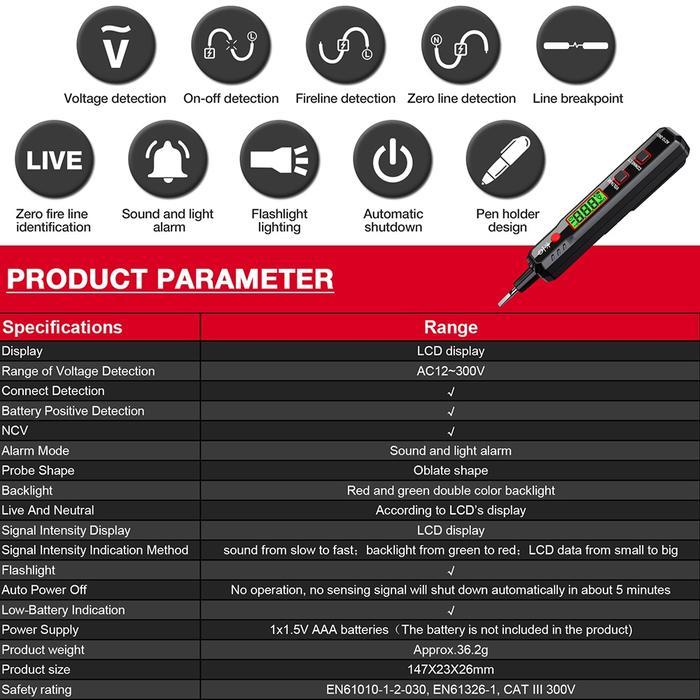 HABOTEST Tespen Listrik Digital 12 ~ 300V Tespen Cek kabel Putus Detektor Tegangan AC Tespen Bunyi T