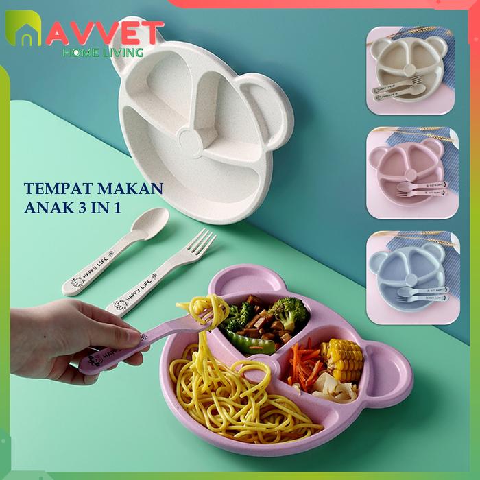 TERPERCAYA Peralatan Makan Anak Set 3-Piece Bentuk Bear Tempat Makan Bayi Bahan Jerami Baby Feeding 