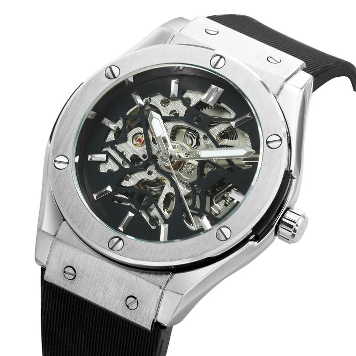 WINNER Sports Automatic Mechanical Watch Men Fashion Rubber Strap Military Silver Skeleton Watches