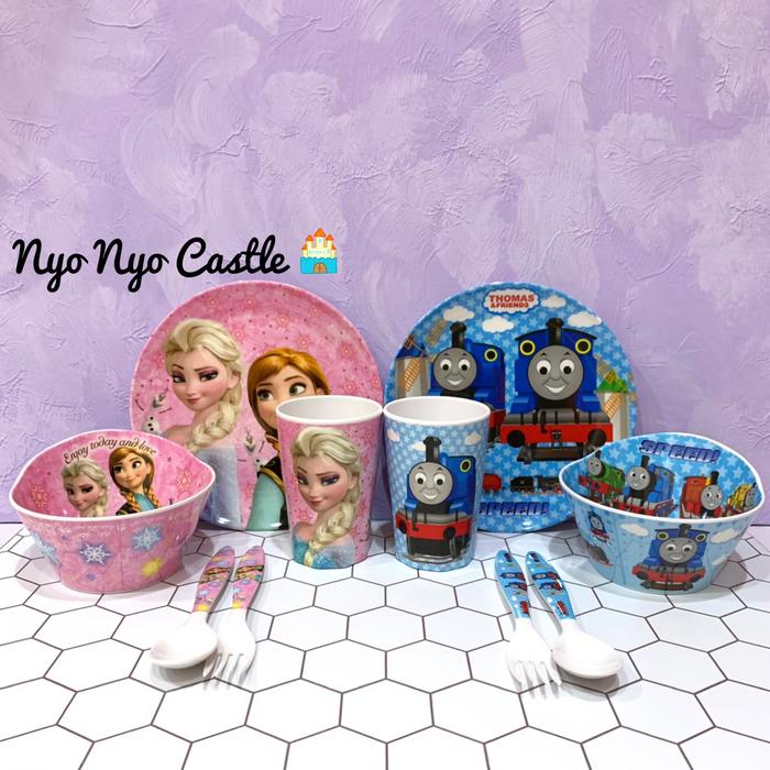 FREE ONGKIR Set Peralatan Makan Anak Bayi Balita Melamin Piring Mangkuk Gelas Sendok Garpu Thomas Ca
