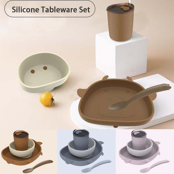 SPECIAL YHOME 4IN1 Mangkok Piring Sendok Garpu Bib Cup Silikon Bayi Set Silicon Tableware Kids Set /