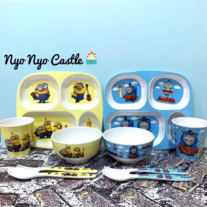 FREE ONGKIR Set Peralatan Makan Bayi Anak Piring Sekat 4 Gelas Mangkuk Sendok Melamin Kids Cartoon E
