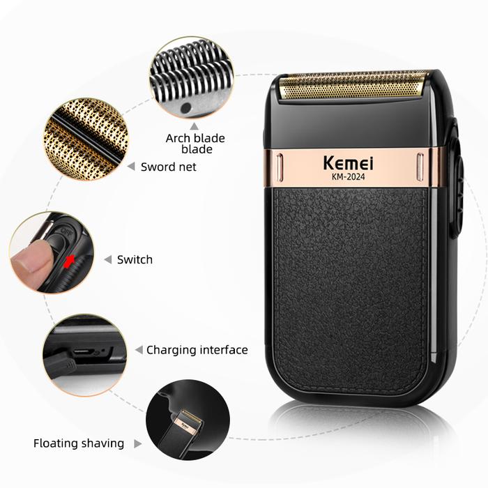 Kemei-2024 Electric Shaver for Men Twin Blade Waterproof Reciprocating Cordless Razor USB Rechargeab