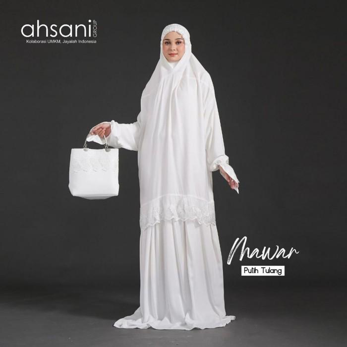 laelasari9 Mukena Terusan Dewasa Ahsani Mawar A20 Rayon Twill Premium Jumbo Putih
