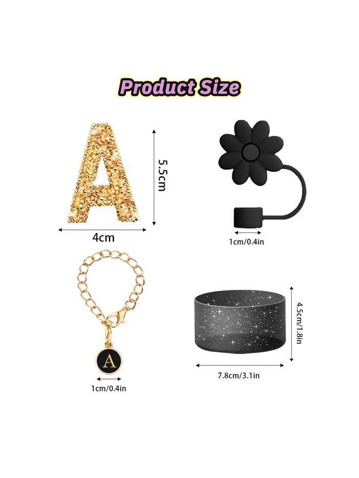 4Pcs Set for Stanley Cup Accessories,Including Initial Silicone Straw Lid, Name ID Letter,Self-adhes