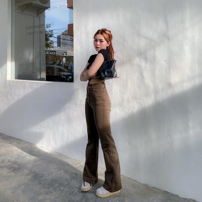 KEZIA CUTRBRAY PANTS COKLAT TUA- CELANA CUTBRAY HIGHWAIST JEANS DENIM STRETCH PANJANG WANITA CEWEK K