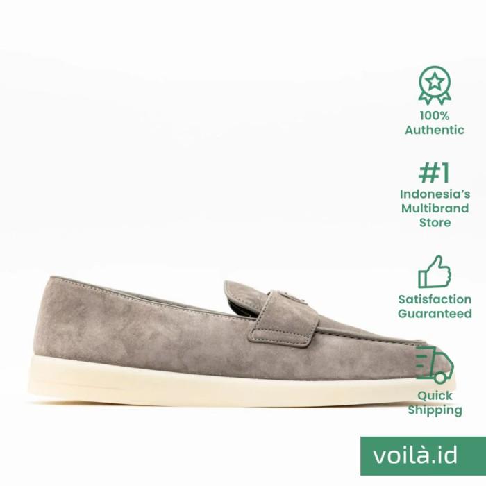 Prada Triangle Enamel Logo Loafers Suede Gravel Gray