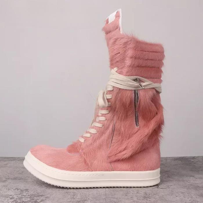 Rick Vintage Street Motorcycle Boots High Top Pink Horse Hair Pocket Zipper Boots Women Genuine Leat