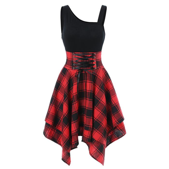 Fashion Women Sleeveless Cold Shoulder Cross Plaid Print Irregular Dress Vestidos En Oferta Liquidac