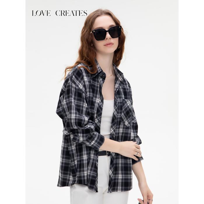 Love Creates Oversized Cotton Shirt Longsleeve Kemeja Kotak-Kotak Wanita（CY005)