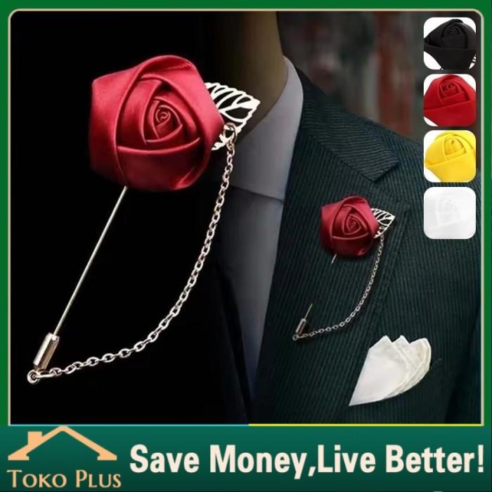Bros Jas Premium Bunga Mawar & Rantai Emas - Pin Lapel Daun Simpel untuk Wedding, Acara Resmi, dan T