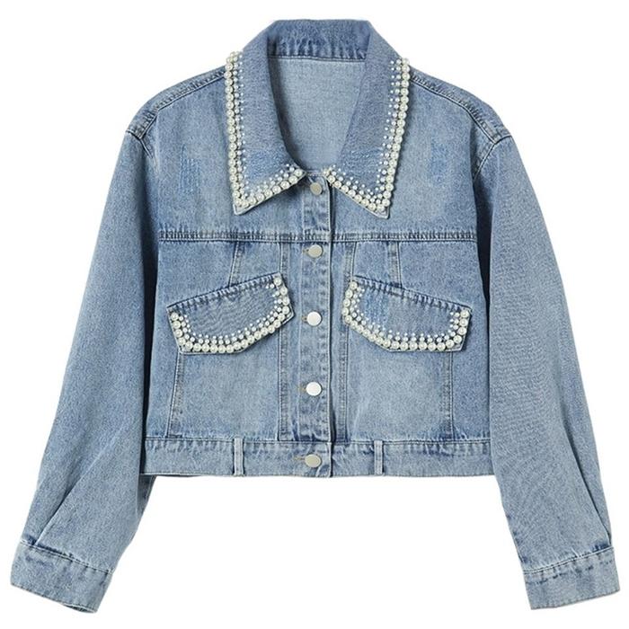 Special Choice Denim Short Coat Women Lovely Autumn Pearls Buttons Lapel Loose Jacket Korean Fashion