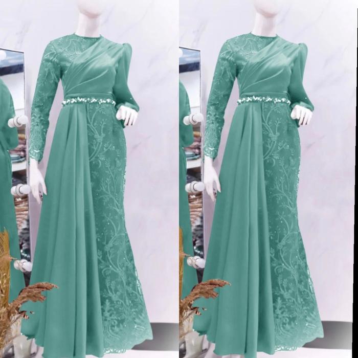 Gamis Satin Velvet Kombi Brokat Corneli Kondangan Dan Lebaran Dress Duyung Chanelia Size M L XL XXL 
