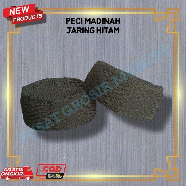Peci Kopiah Haji Madinah Jaring Hitam Tinggi 6 cm / Peci Madinah Jaring Dewasa