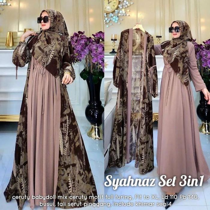 Syahnaz Set 3in1 Bahan Ceruty Babydoll Motif Gamis Terbaru 2023 Viral Dress Kondangan Wanita Elegan