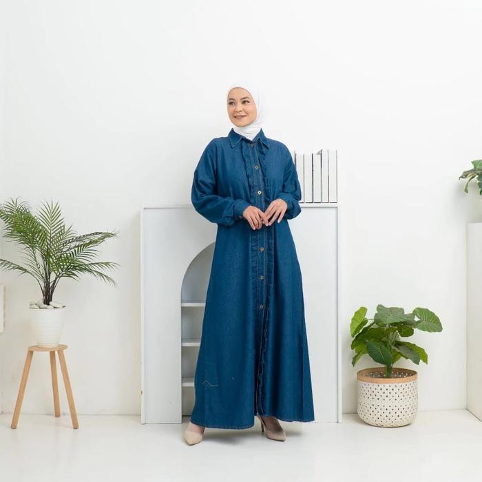 UMMA Fashion Gamis Jeans Wanita Dewasa Terbaru 2024 Hanum Dress Model Sekarang Baju Muslim Polos Kan