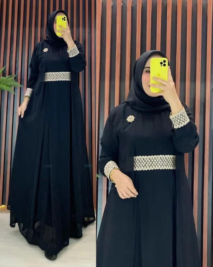 ZAARA STORE [COD] Anisa Dress / Abaya Putih Hitam Polos Tangan Renda Untuk Lebaran Idul Fitri 2023 B