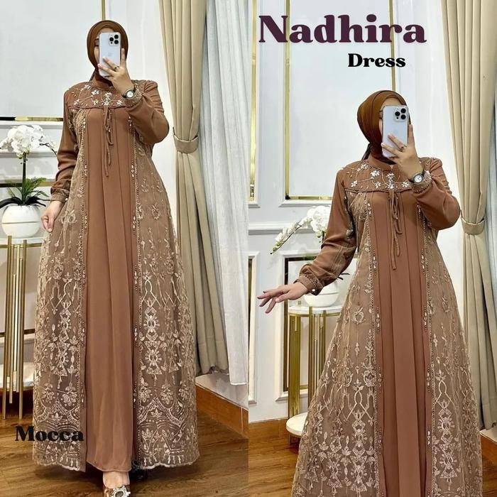 Gamis Brokat Kondangan Elegan Nadhira Drers BL Ceruty Babydoll Mix Brukat Apk Mutiara Dress Panjang 
