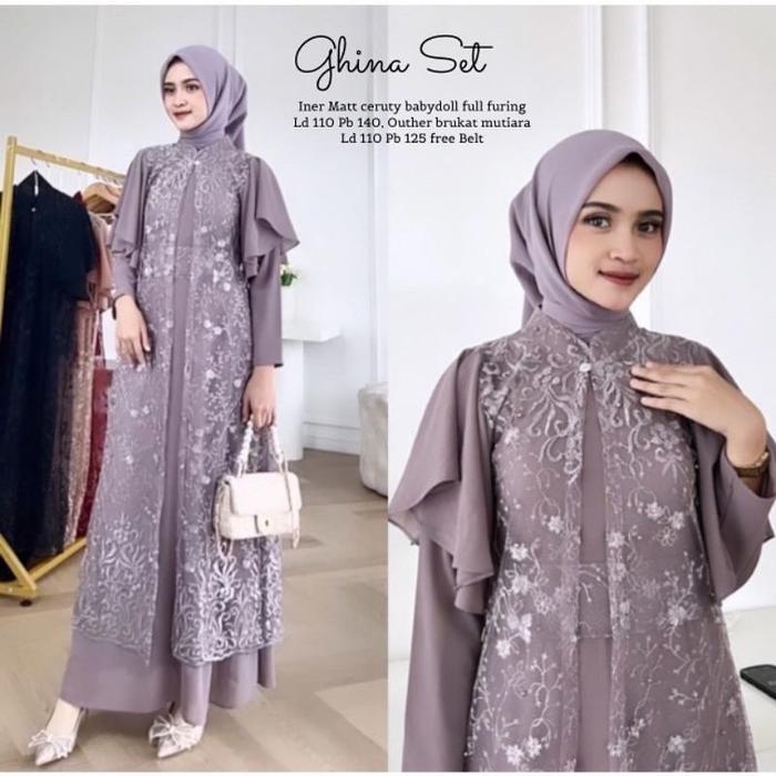 SALE! Ghina Set Bahan Cerutty Babydoll Full Puring Mix Brukat Gamis Wanita Kekinian Terbaru 2023 Leb