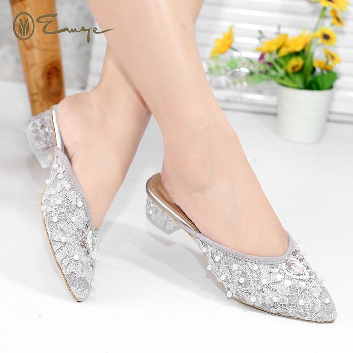 Emye - Sepatu Slop Brukat Payet Glitter Wanita Hak Kaca 3cm / Sepatu Pesta Payet Pengantin / Sandal 