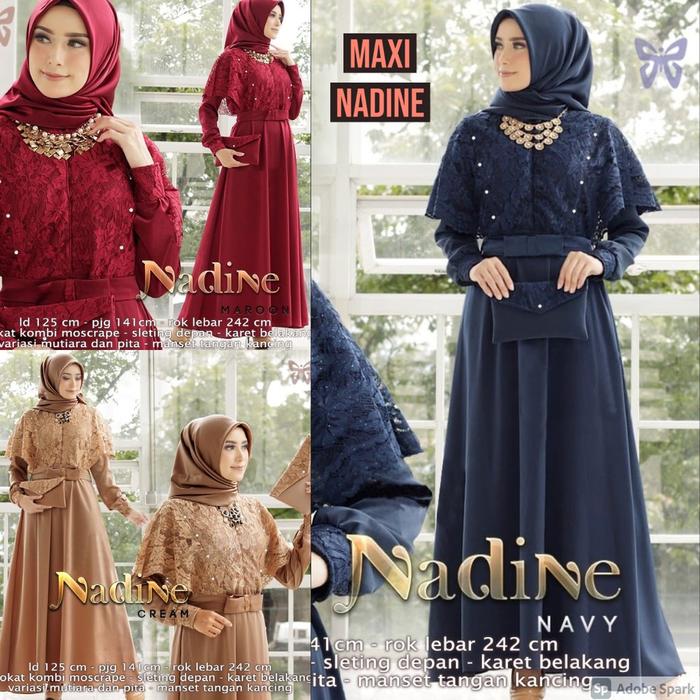 Maxi Gamis Pesta NADINE 3XL JUMBO Brukat kombi Moscrepe BUSUI Sreting Variasi Mutiara dan Pita