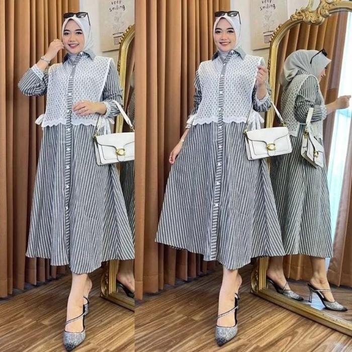 Lonk dress Tunik burkat/Dress Tunik MIDI motif salur premium/Tunik MIDI dress Ful kancing Model Kore
