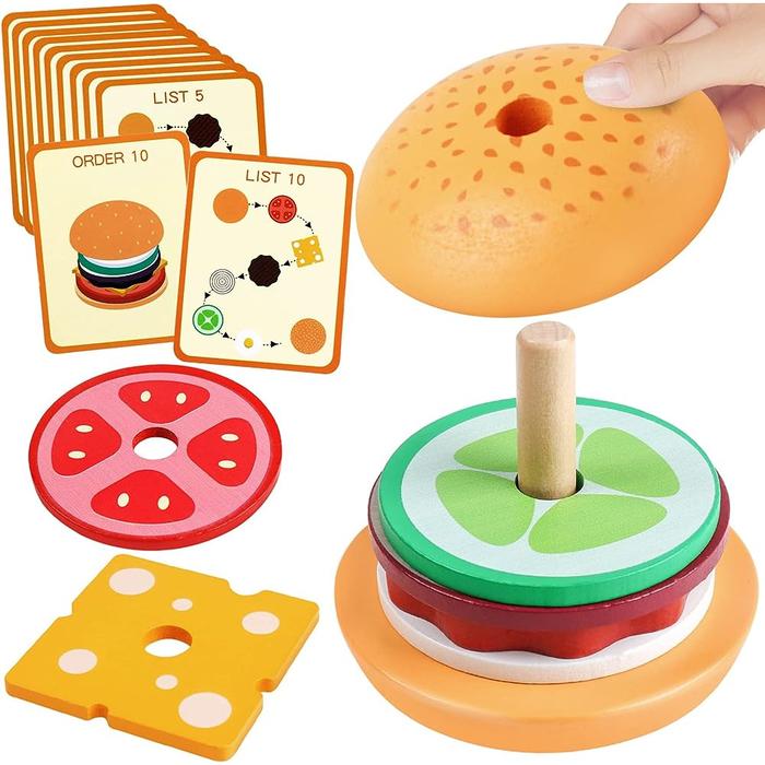 Montessori Wooden Burger Stacking Toys For Toddler Kids Preschool Learning Educational Toys Fine Mot