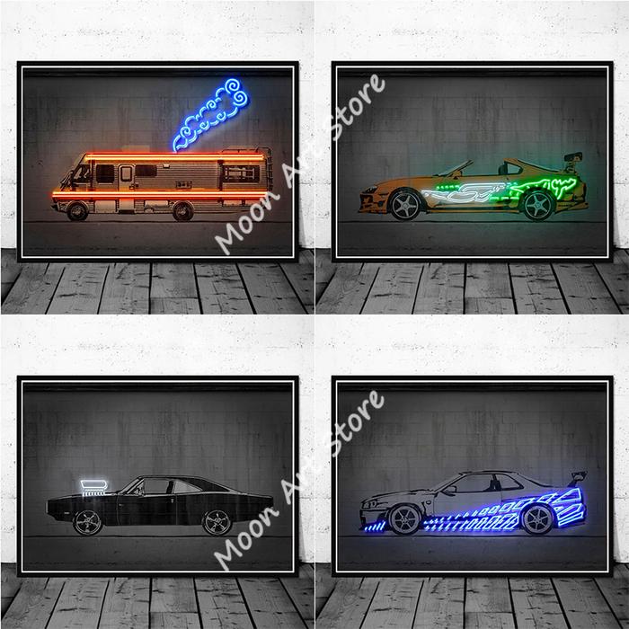 Skyline R34 Sports Car Neon Poster Large Size Canvas Painting Hd Print Modern Wall Art Picture Livin