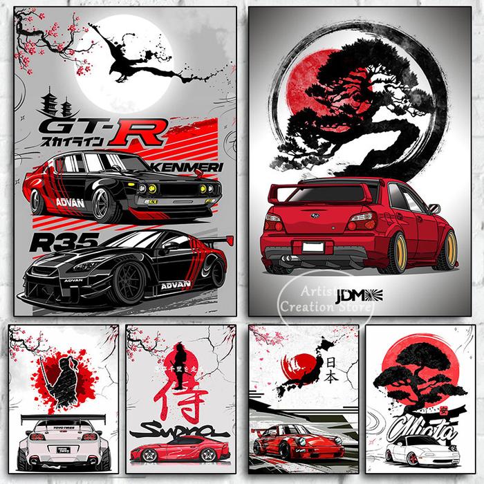 Japanese Car And Samurai Spirit Poster Nissan Gtr R34 Sports Car Art Print Canvas Wall Art Pictures 