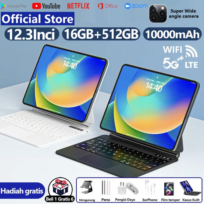【Beli 1 Gratis 6】OBERNI Tablet PC Tab Baru 16GB+512GB Tablet 12.3 Inci Layar Full Screen Layar Besar