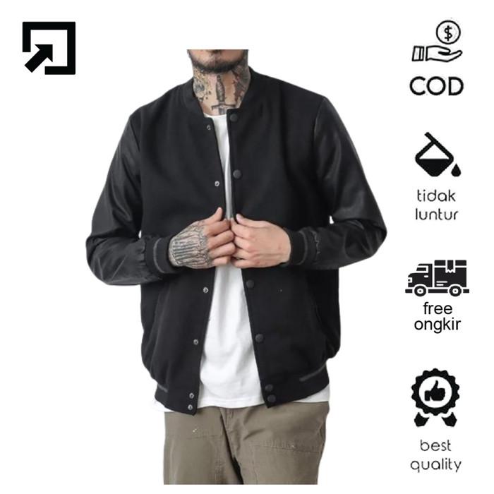 Jaket Hitam Polos Semi Leather Motor Pria Jaket Varsity Baseball Vintage Polos Urband (Best Quality)