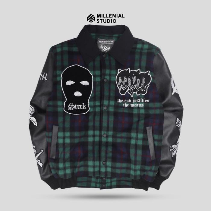 Varsity Jacket Criminal Green | Jaket Varsity Kerah Flannel Pria Full Bordir Original / Jaket Baseba