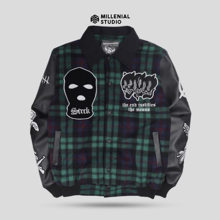 Varsity Jacket Criminal Jaket Kerah Green Flannel Full Bordir Original (Best Quality)