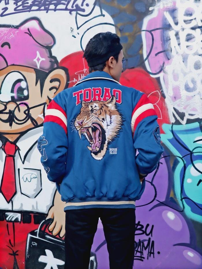 Bgsr Jacket Varsity Footballart Jaket Baseball Pria Kerah Premium Tebal Full Bordir Biru Macan Torao