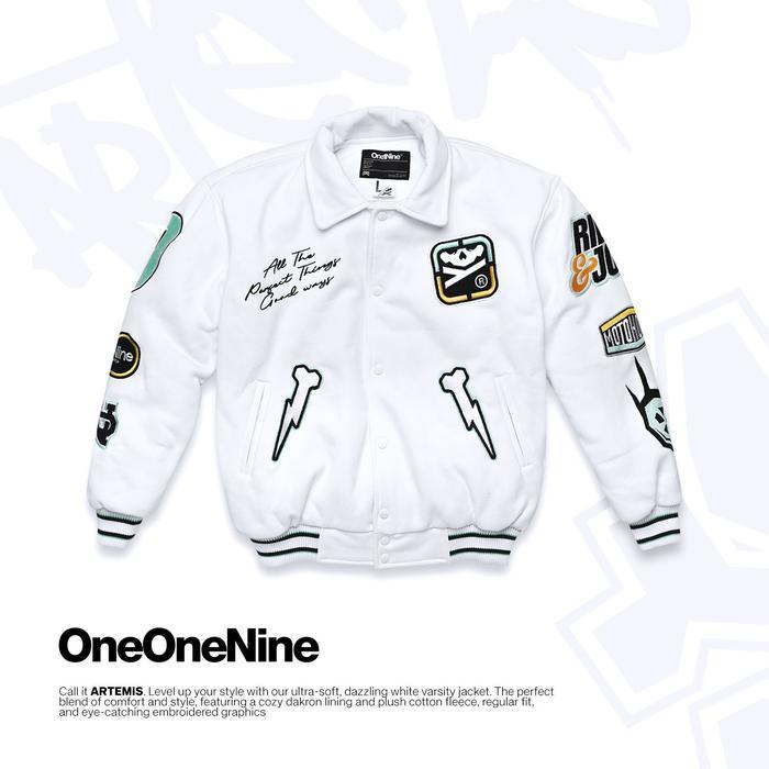 Oneonenine Ksr Jaket Varsity Artemis White - Jaket Motor Varsity Fleece Bordir (Best Quality)