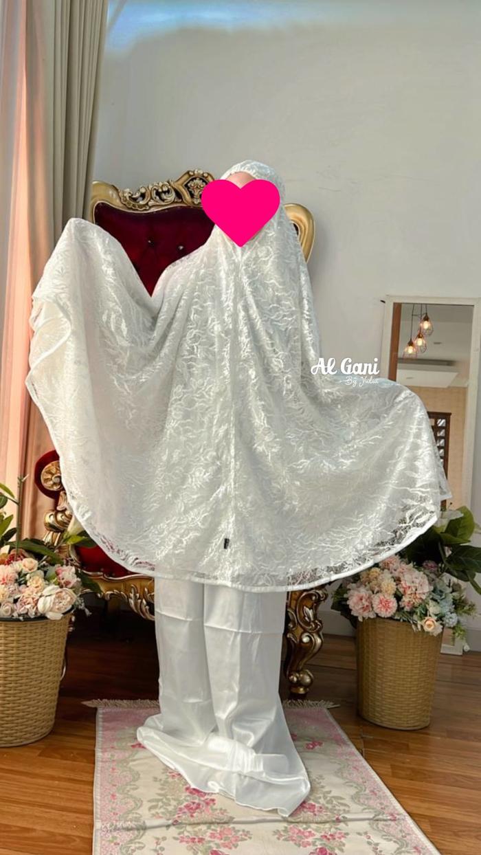 Mukena RAMADHAN Snow White brukat mewah Terbaru By AL GANI dengan berukat mewah Terbaru / Mukena Sul