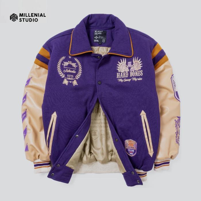 Varsity Jacket San Diego Hard Bones Purple Cream | Jaket Baseball Kerah Bordir Original Unisex Nyama