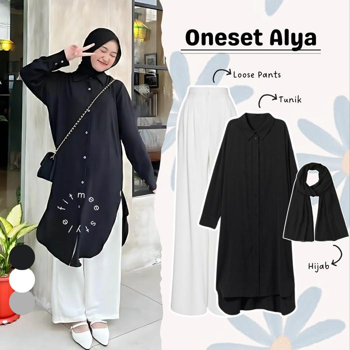 Alya Outfit Set 3in1 Remaja Lebaran ( Atasan Kemeja Tunik Airflow + Loose Pants + Hijab Pashmina ) S