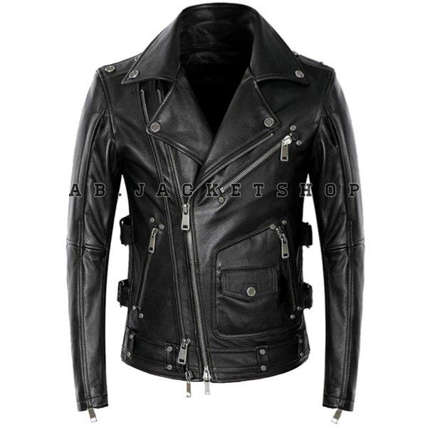 Jaket kulit asli style ramones rock and roll jaket kulit pria double kerah modern