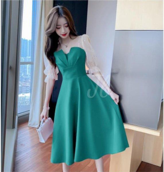 Korean Tosca Green Dress Jiso Baju Dres Wanita Hijau Toska Pastel Tile Gliter DNCV Kimnara