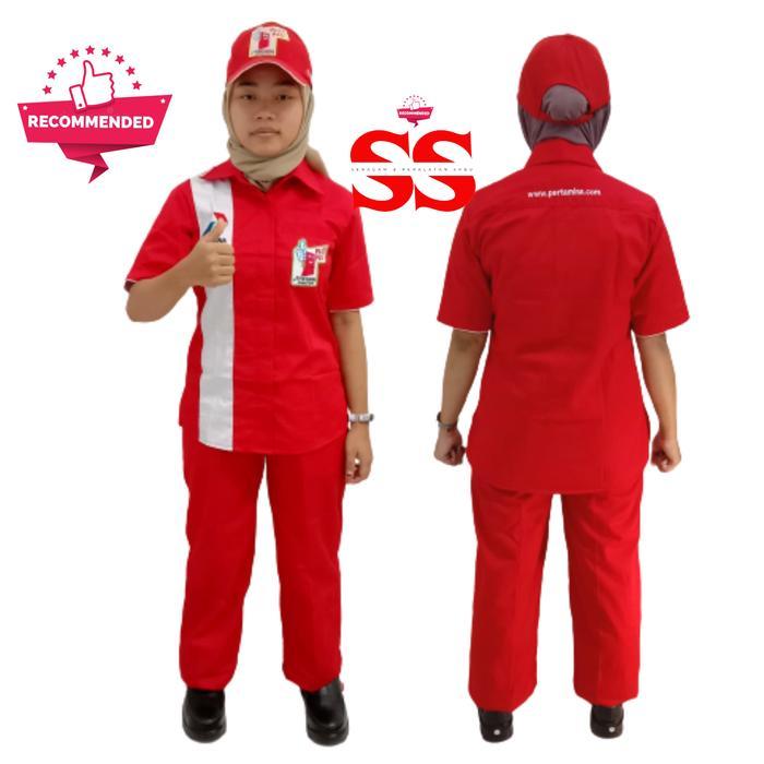 Baju Seragam Operator Merah + Topi Spbu Pertamina Pasti Pas | Kemeja Kerja Pria Wanita Lengan Pendek